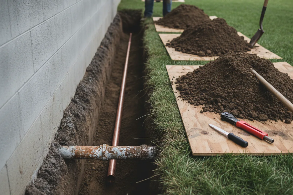 Excavated water line trench during Water Softener Installation in East Walpole